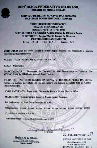 José Alencar – Certidão de Nascimento